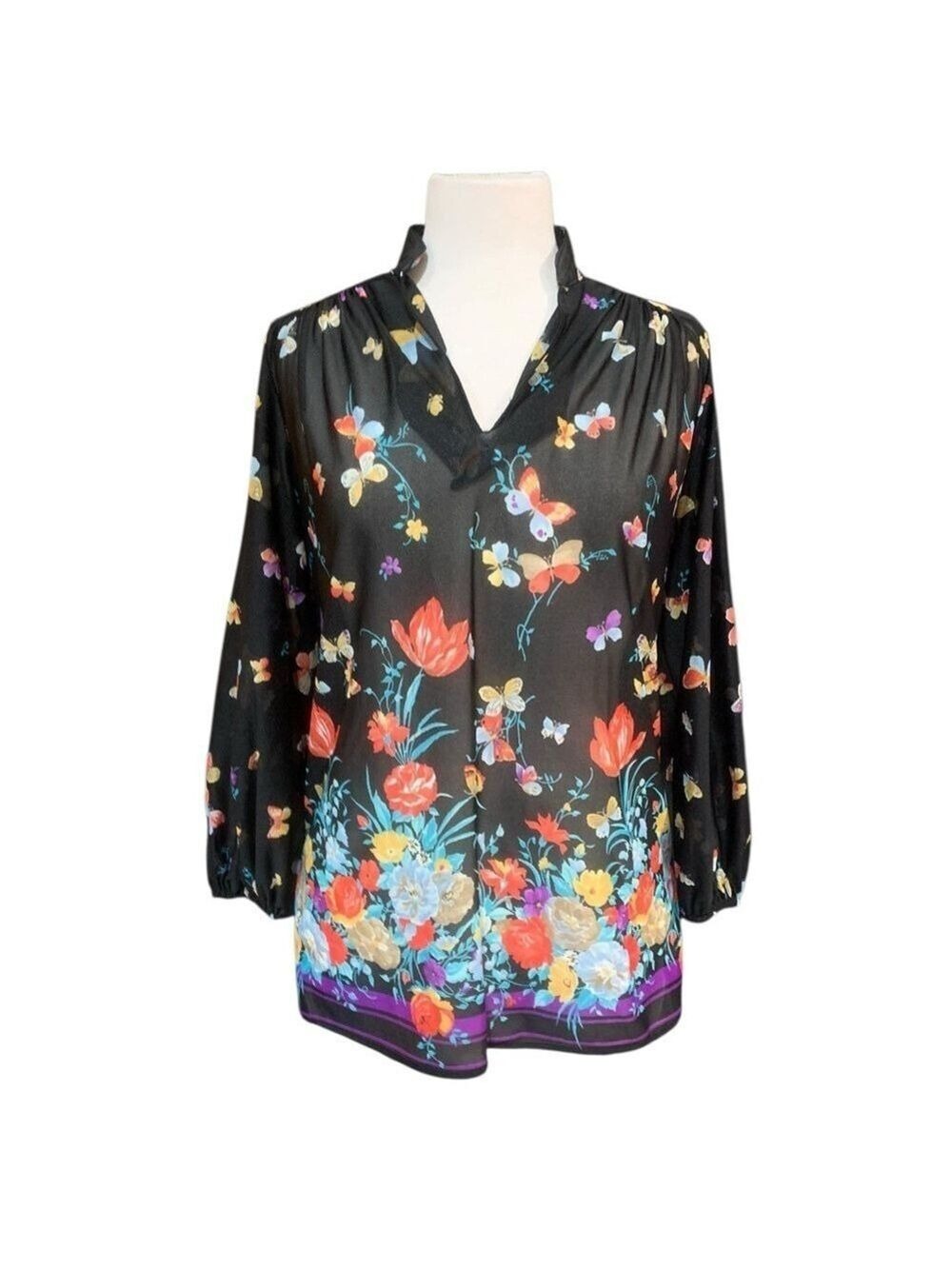 Vintage 70’s 3/4 sleeved sheer pull over blouse with butterfly and florals SZ M